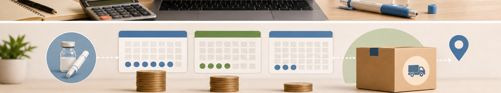 Cheapest tirzepatide online comparison desk with laptop, calculator, and medication access symbols