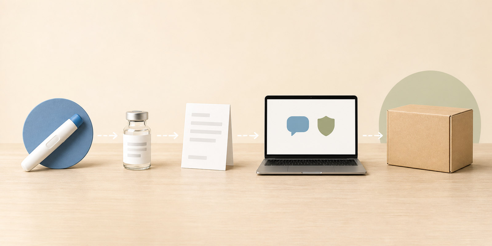 GLP-1 medications access desk with injection pen, medication vial, prescription slip, telehealth laptop and shipping box