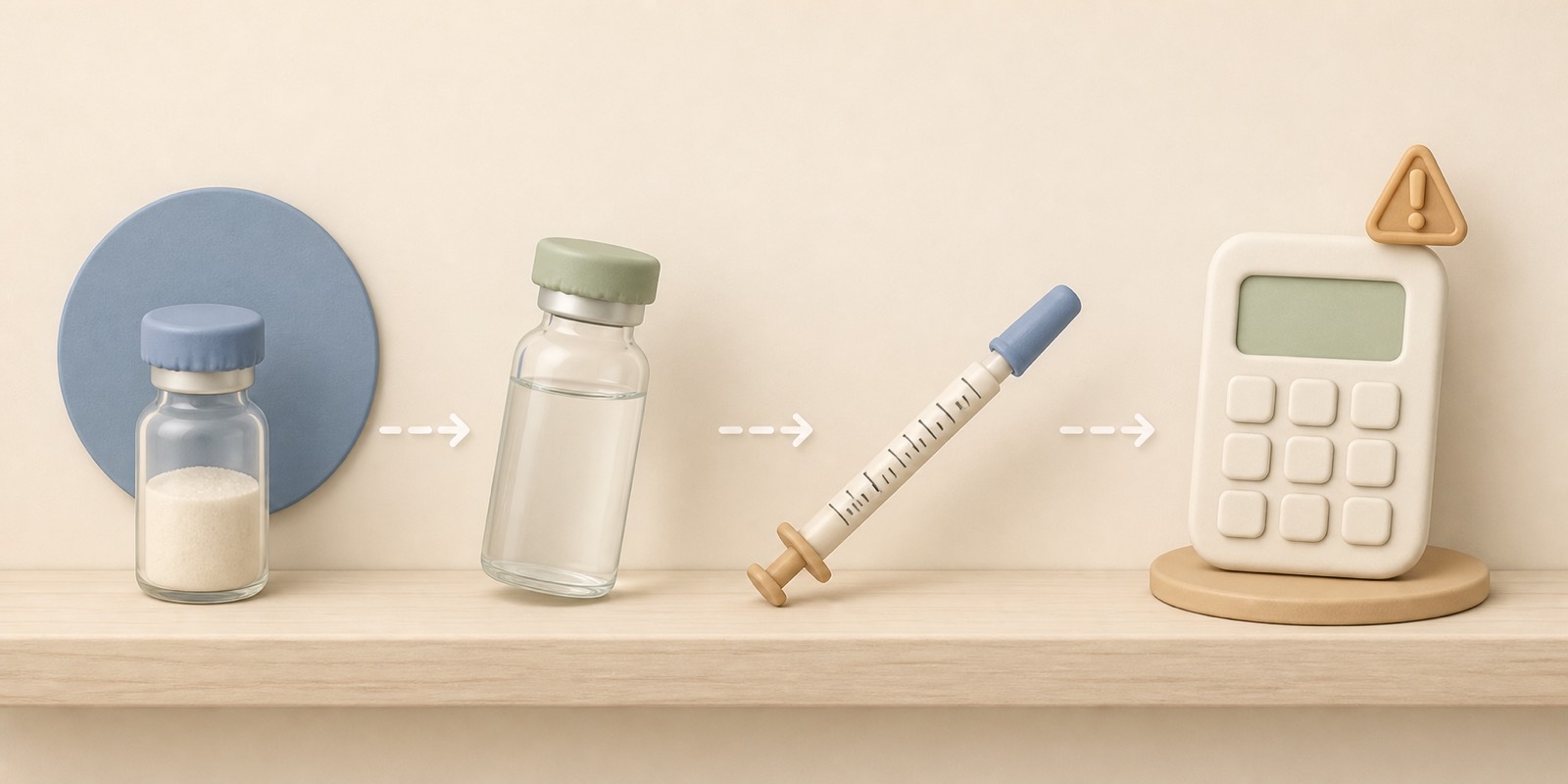 Peptide reconstitution workflow: a powder vial, a vial of bacteriostatic water, an insulin syringe with a graduated scale, and a calculator with a warning icon