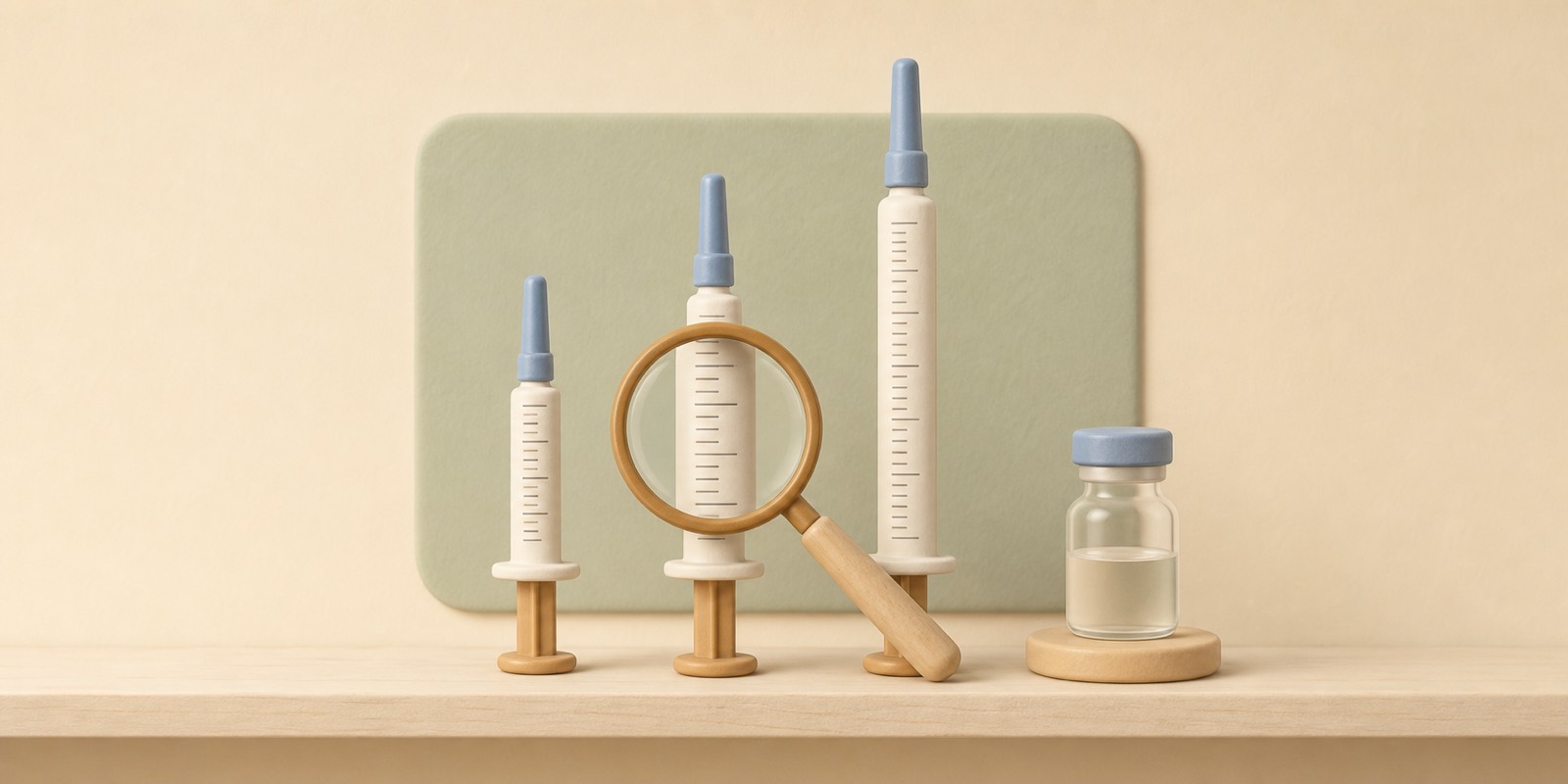 Three insulin syringes with 0.3 mL, 0.5 mL and 1 mL barrels showing the U-100 tick-mark scale under a magnifying glass beside a reconstituted vial