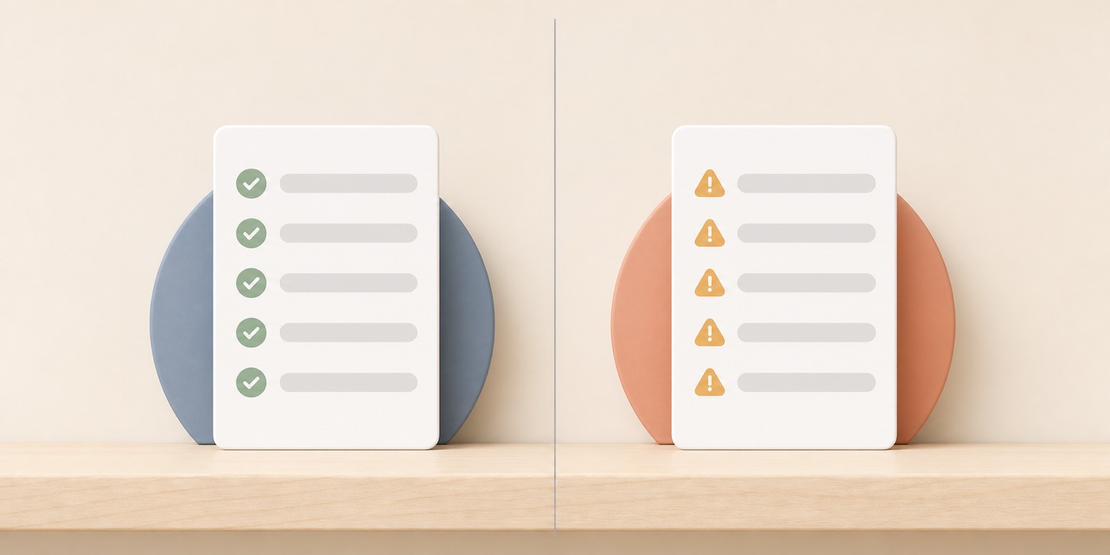 Independent reference compared with a vendor blog side by side, one column of green checkmarks against one column of amber warning icons