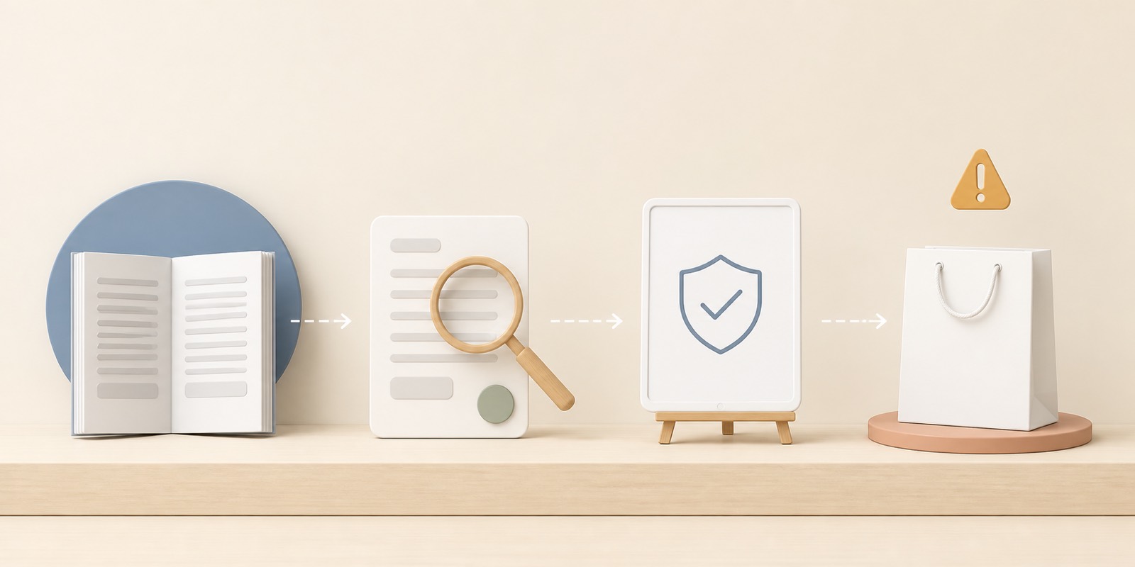 Sorting peptide and GLP-1 information sources: a reference book, a document under a magnifying glass, a shield verification screen, and an unlabeled vendor shopping bag with a warning icon
